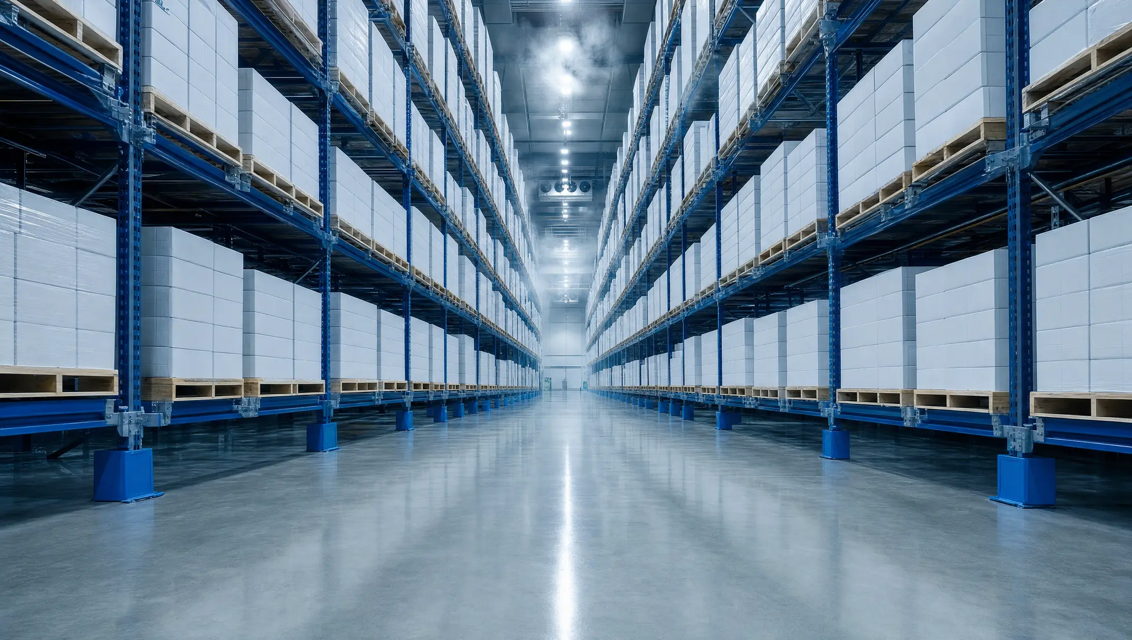 A cold-chain pharmaceutical warehouse aisle under continuous temperature monitoring