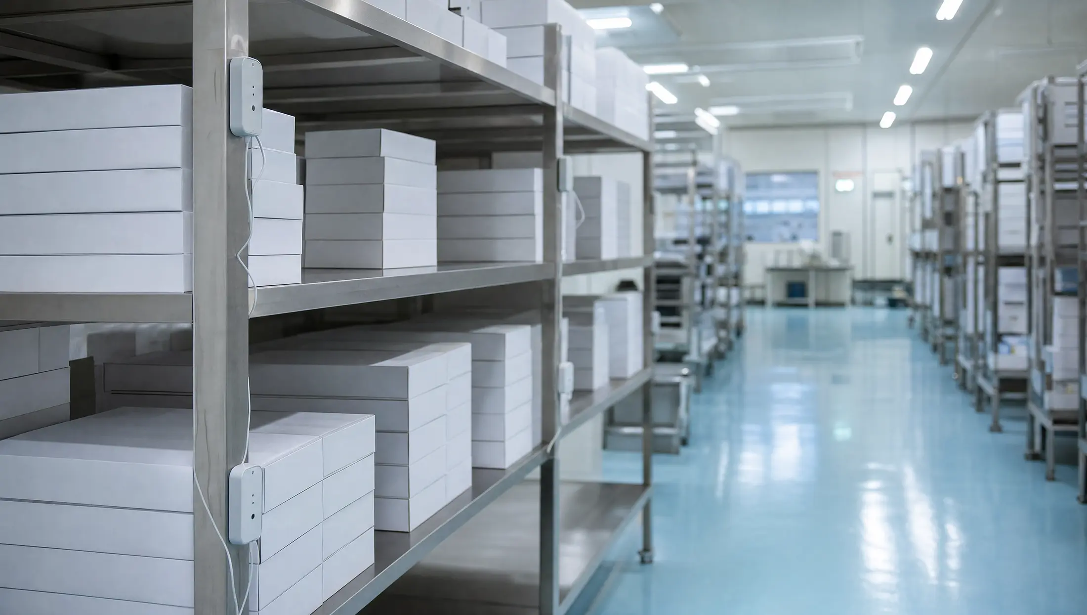 Temperature and humidity data loggers placed across controlled pharmaceutical storage shelving