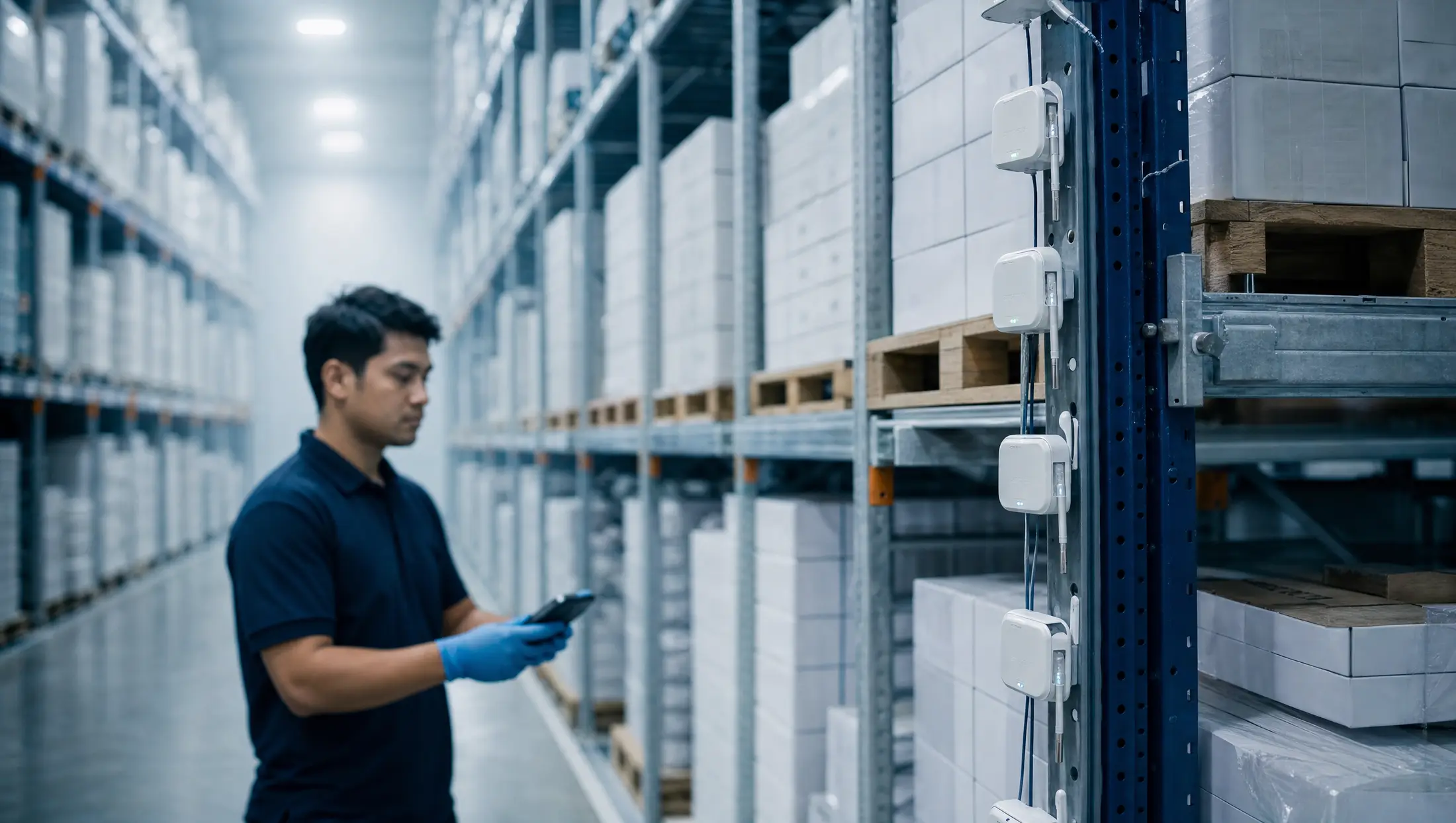Wireless temperature data loggers mapped across a pharmaceutical cold store, a Unitest technician checking a reader